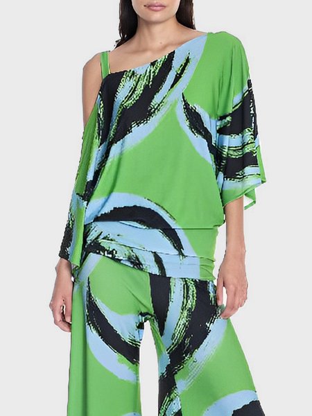 

Random Print Vacation One Shoulder Loose Shirt, Green, Blouses and Shirts