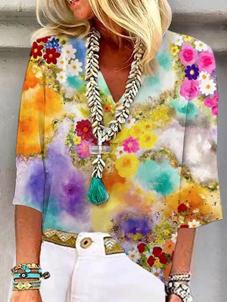 

Floral V Neck Vacation Loose Shirt, Multicolor, Shirts & Blouses