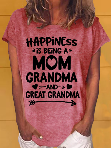 

Women's Happiness Is Being a Mom Grandma And Great Grandma Crew Neck Casual T-Shirt, Red, T-shirts