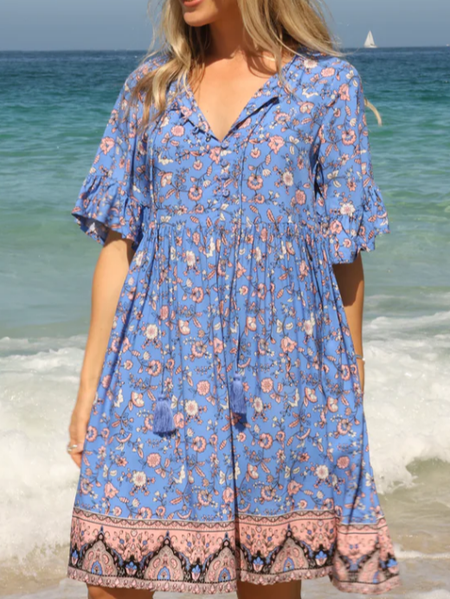 

Vacation V Neck Floral Loose Dress, Blue, Dresses