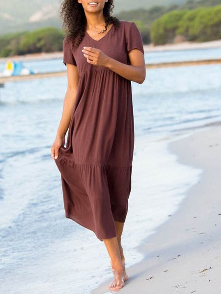 

Plain Cotton And Linen V Neck Casual Dress, Red brown, Dresses