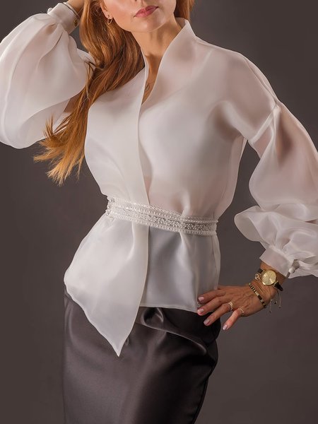 

Daily Elegant Organza Stand Collar Blouse, White, Blouses and Shirts