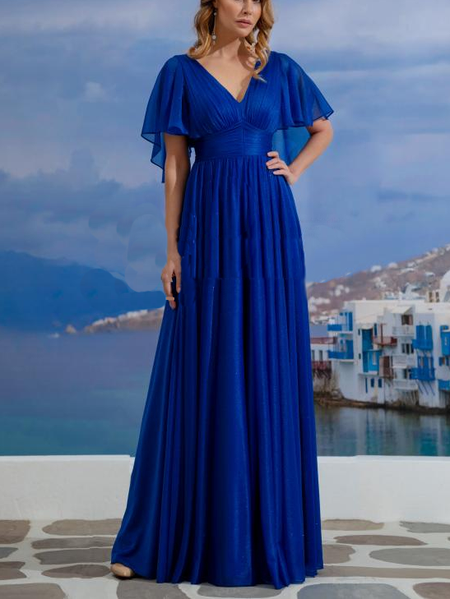 

V Neck Chiffon Elegant Party Dress, Blue, Maxi Dresses