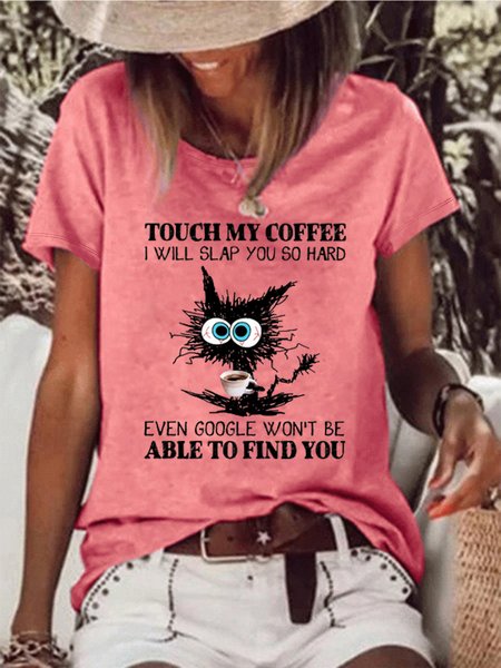 Women's Touch My Coffee I Will Slap You So Hard Black Cat Casual T-shirt, Red, T-shirts