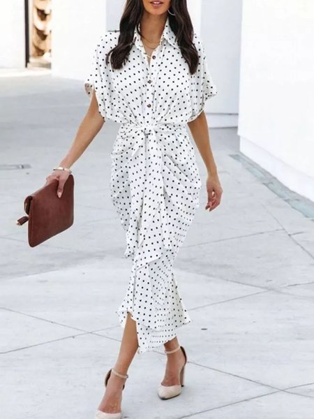 

Regular Fit Polka Dots Urban Lace-Up Dress, White, Midi Dresses