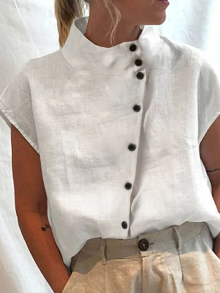

Women's Cotton Linen Stand Collar Casual Shirt, White, Shirts & Blouses