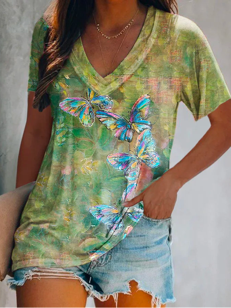 

Vacation V Neck Color Block Butterfly T-Shirt, Green, T-Shirts