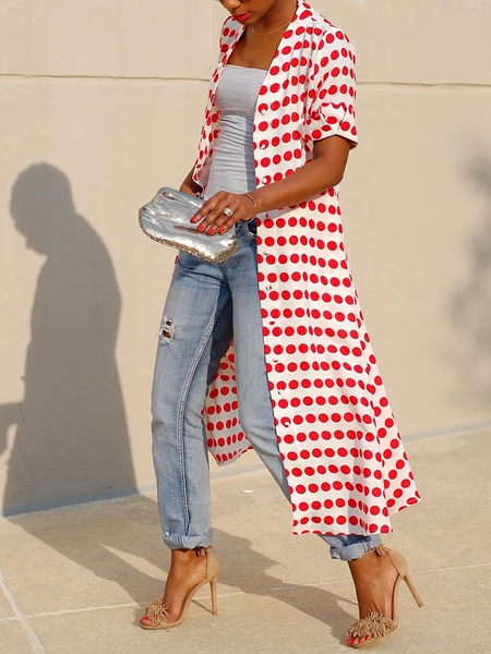 Loose V neck Short sleeve Urban Long Kimono, Red, Kimonos