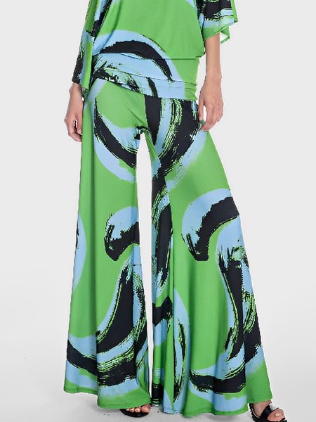 

Vacation Random Print Loose Pants, Green, Pants