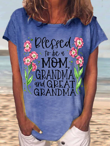 Women's Blessed to Be a Mom Grandma and Great Grandma Casual Crew Neck Letters T Shirt