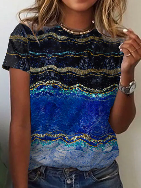 

Casual Crew Neck Ombre T-Shirt, Blue, T-Shirts