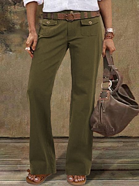 

Solid Button Detail Flap Pocket Straight Leg Pants Without Belt Fashion Pants, Green, Pants