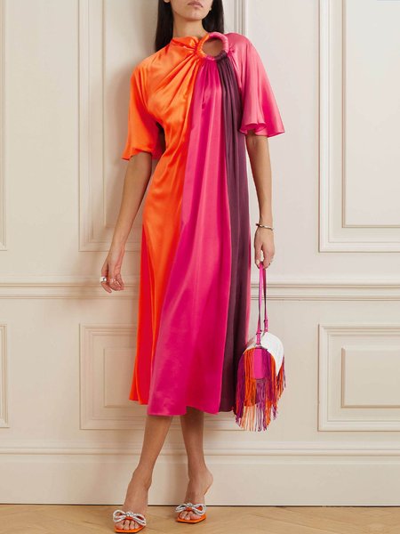 

Satin Color Block Half Sleeve Elegant Dress, As picture, Midi Dresses