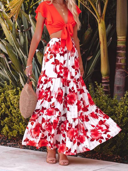 

Vacation Regular Fit Floral No Elasticity Skirt, As picture, Skirts