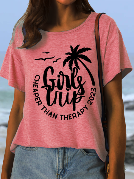 

Women's Funny Girls Trip Cheaper Than Therapy 2023 Crew Neck Cotton Casual Text Letters T-Shirt, Pink, T-shirts