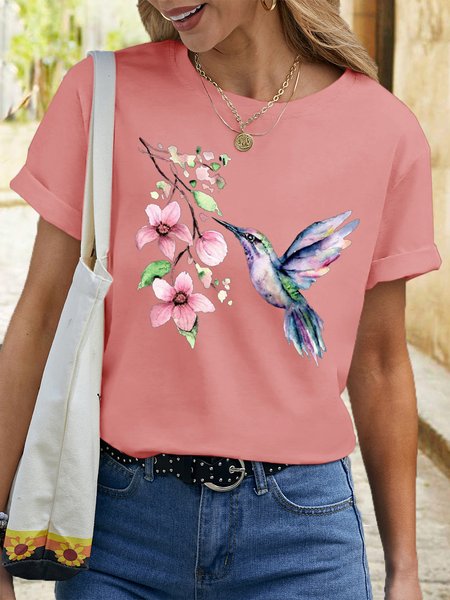 

Women's Hummingbird Watercolor Nature Bird Lover Crew Neck Casual T-Shirt, Pink, T-shirts