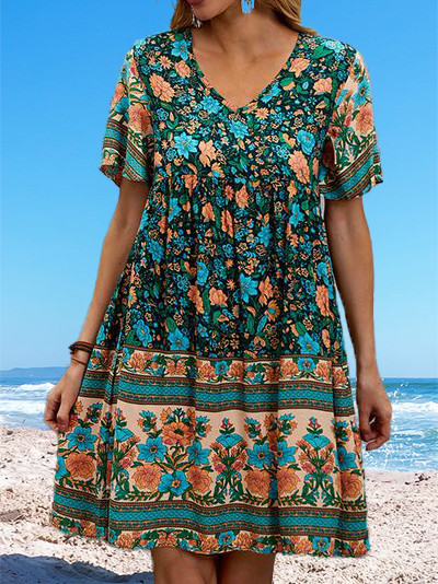 

Loose Boho V Neck Dress, Blue, Dresses