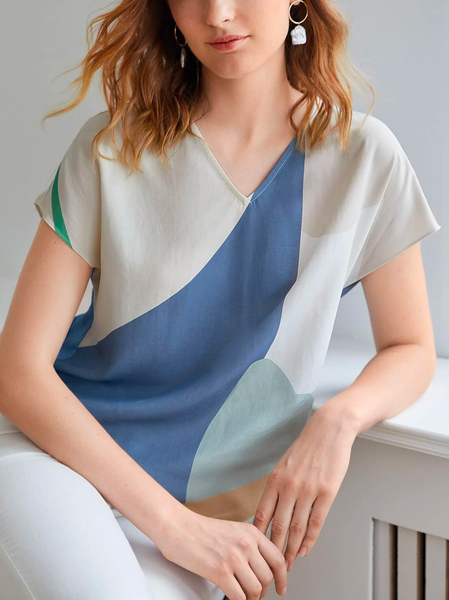 

V Neck Color Block Casual Loose Shirt, Blue, Shirts & Blouses