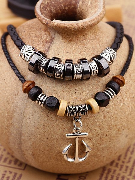 

Vintage Anchor Pattern Leather Multilayer Necklace Western Style Ethnic Women Jewelry, Black, Necklaces