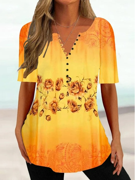 

V Neck Floral Regular Fit Vacation Shirt, Yellow, Shirts & Blouses