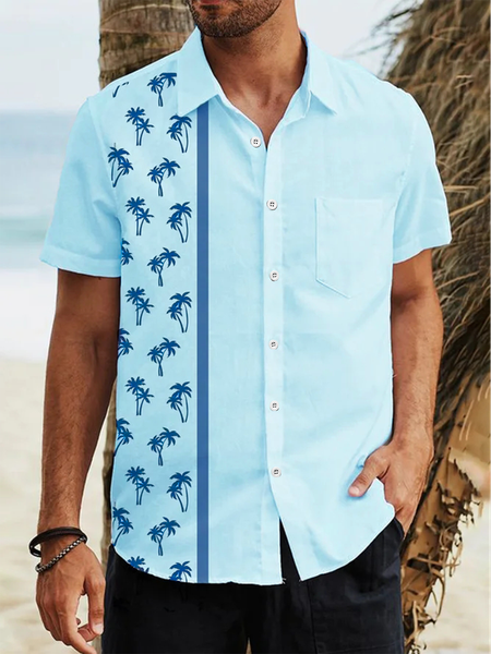 

Coconut Tree Chest Pocket Short Sleeve Resort Shirt, Blue, Men Shirts