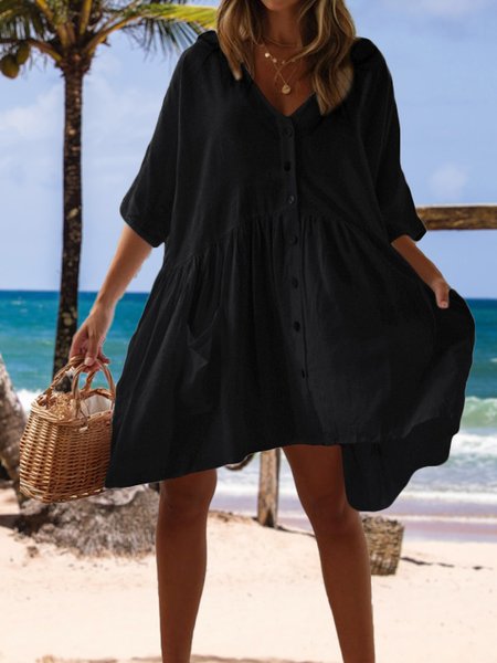

Casual Plain V Neck Coverup, Black, swimwear>>Cover Ups