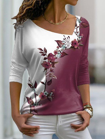 

Women's Contrast Floral Loose Printed Sweatshirt Long Sleeve, Fuchsia, T-Shirts