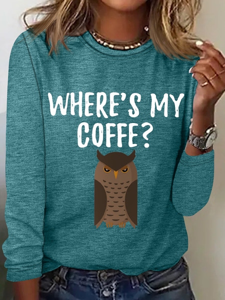 

Women's Funny Coffee Lover Owl Regular Fit Animal Simple Shirt, Green, Long sleeves