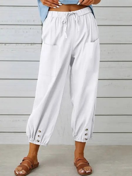 

Cotton Loose Casual Plain Pants, White, Pants