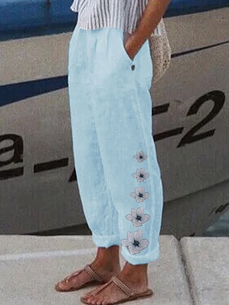 

Women Casual Floral Cotton Pockets Loose Pants, Blue, Pants