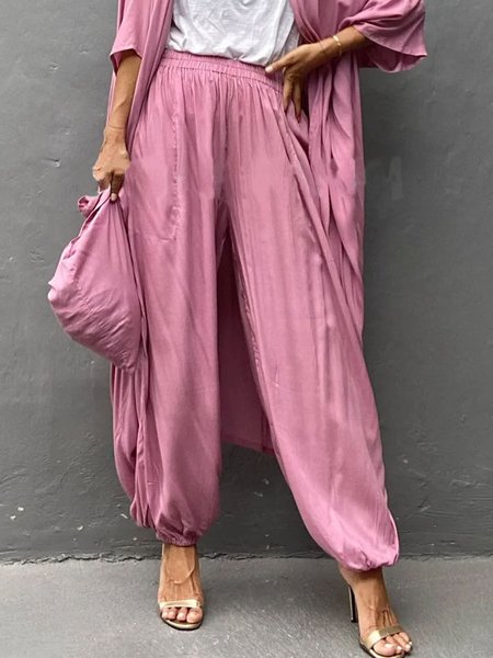 

Loose Plain Casual Bloomers Pants, Pink, Pants