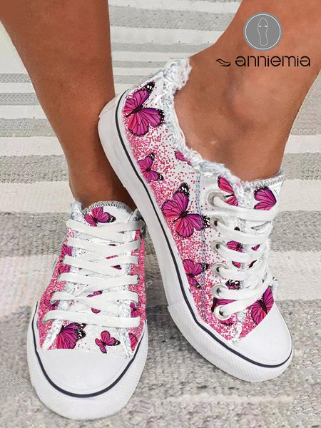 

Pink Butterfly Pattern Casual Flats Canvas Shoes, Sneakers