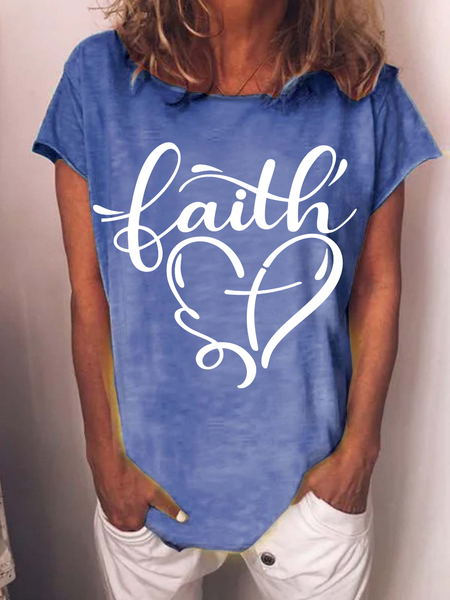 

Women's Faith Casual Loose Crew Neck Heart T-Shirt, Blue, T-shirts