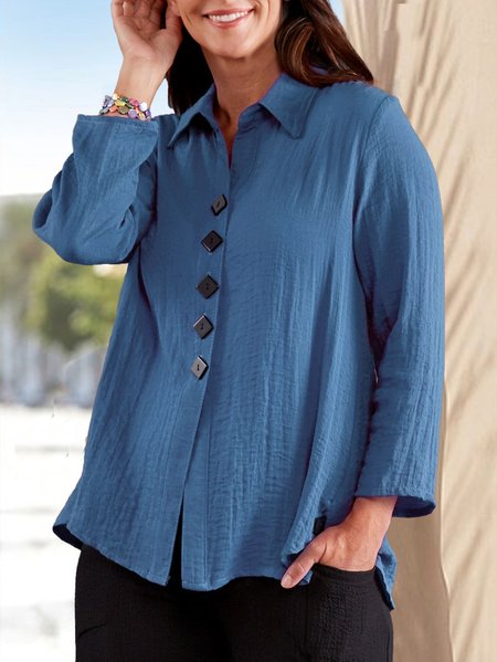 

Shirt Collar Casual Cotton-Blend Plain Blouse, Blue, Shirts & Blouses