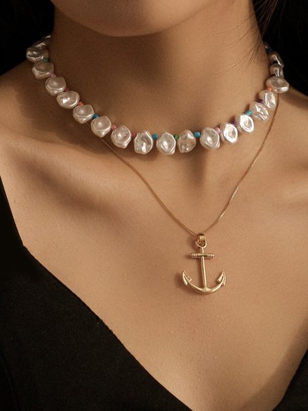 

Vacation Pearl Anchor Layered Necklace Beach Boho Women's Jewelry, Golden, Necklaces