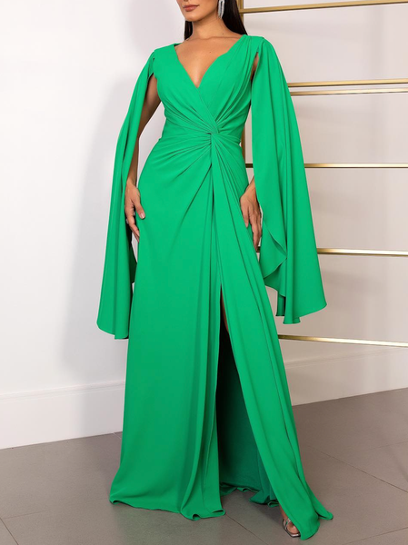 

V Neck Regular Fit Plain Elegant Party Dress, Green, Maxi Dresses