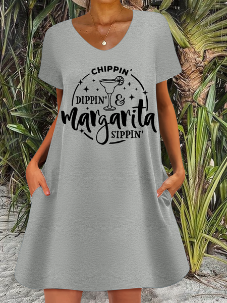 

Women's Funny Drinking Chippin Dippin Margarita Sippin Casual Text Letters V Neck Dress, Gray, Dresses