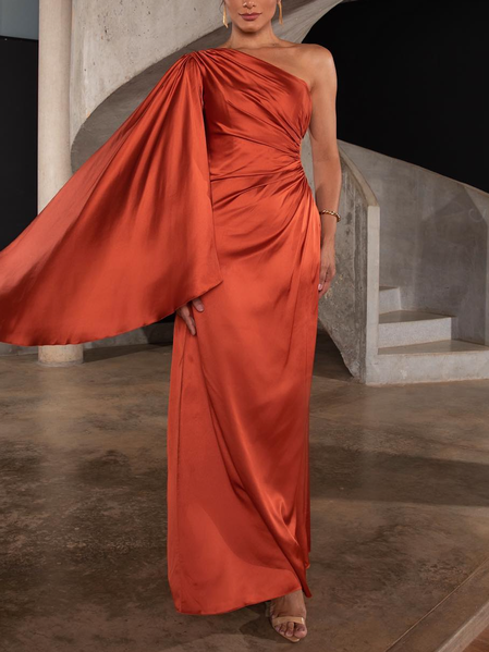 

One Shoulder Elegant Plain Party Dress, Orange, Maxi Dresses