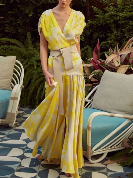 

V Neck Floral Regular Fit Elegant Dress, As picture, Maxi Dresses