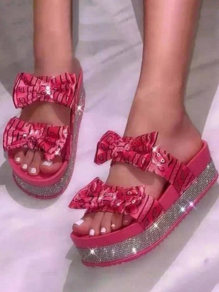 

Bow Rhinestone Open Toe Platform Slippers, Pink, Sandals