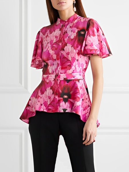 

Floral Stand Collar Urban Short sleeve Blouse, Flower, Blouses and Shirts