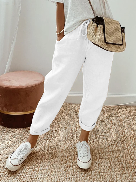 

Casual Baggy Cotton Linen Cropped Plain Pant, White, Pants