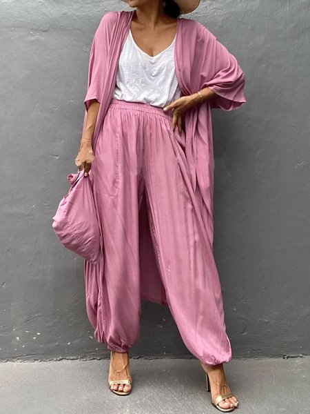 

Plain Simple Loose Casual Kimono, Pink, Others