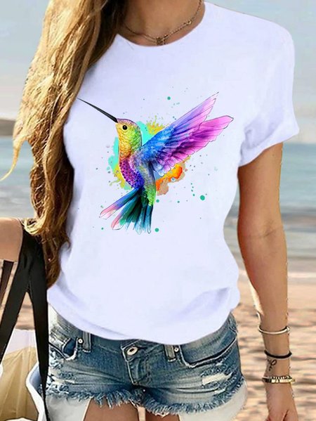 

Women's Watercolor Hummingbird Bird Lover Crew Neck Casual Cotton T-Shirt, White, T-shirts
