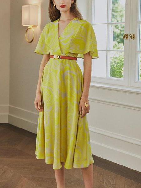 

V Neck Elegant Half sleeve Dress, As picture, Midi Dresses