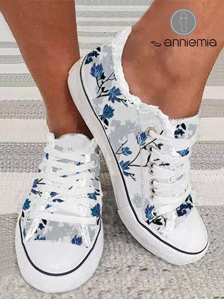 

Women's Casual Floral Printing Lace-Up Canvas Shoes, White, Sneakers