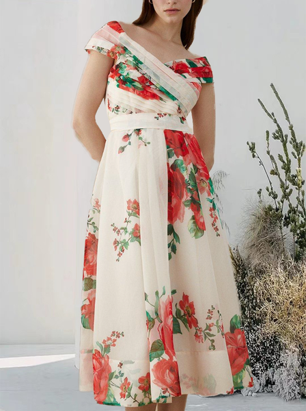 

Floral Elegant Organza Wedding Guest Dress, White, Midi Dresses