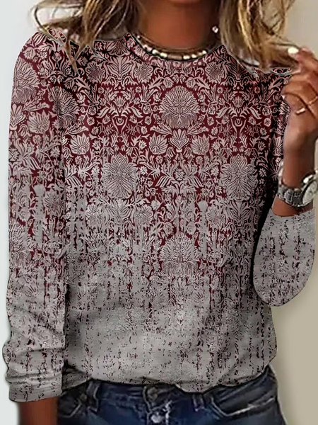 

Women's Vintage Print Crew Neck Casual Shirt, Red, Long sleeves