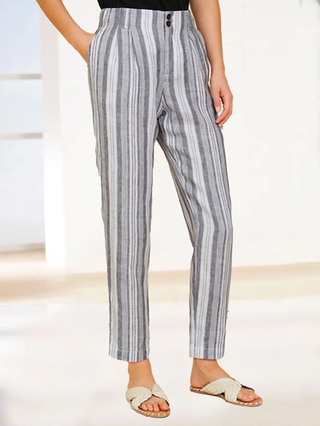 

Buttoned Striped Linen Cotton And Linen Pants, Gray, Pants