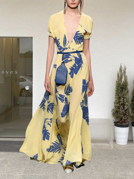 

Regular Fit Vacation Floral V Neck Dress, As picture, Maxi Dresses